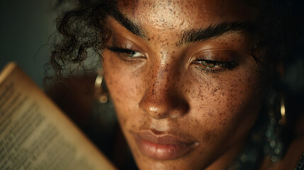 A close-up of a person reading a book with influential Black authors and historical narratives, promoting literacy during Black History Month. [Black History Month]