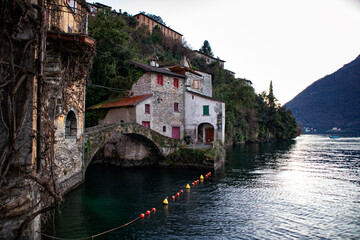 View of the stone bridge of Nesso village on Lake Como