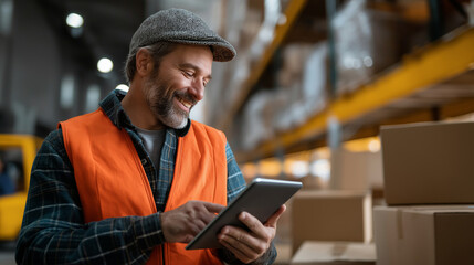 Faceless warehouse manager using digital tablet device to scan cardboard boxes for inventory tracking engaged in conversation with forklift driver about package delivery schedules