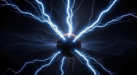 Electric bolts burst from central orb, generating bright blue energy streams, shimmering particles. Dynamic current illustrates powerful static phenomena concept.