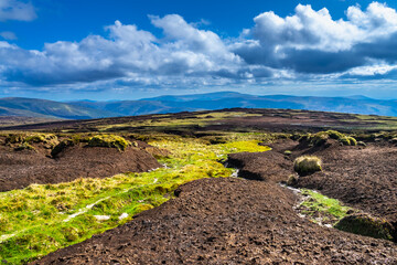 Eroded peatland landscape with exposed dark soil and isolated peat ‘islands’ under a bright...