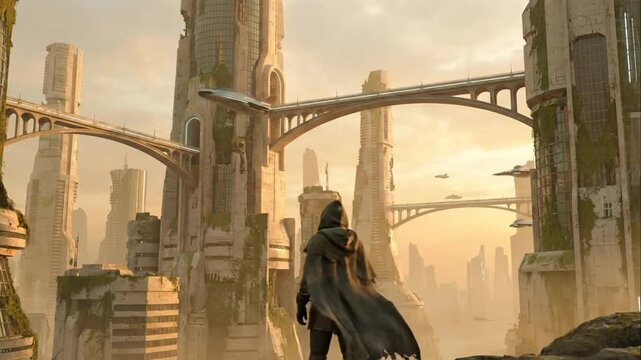 Futuristic white city utopia with flying vehicles and bridges