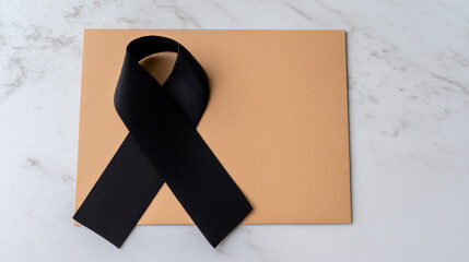 Black ribbon for remembrance on a tan envelope. Symbol of mourning, grief, and sympathy for funerals or memorials. Top view with copy space