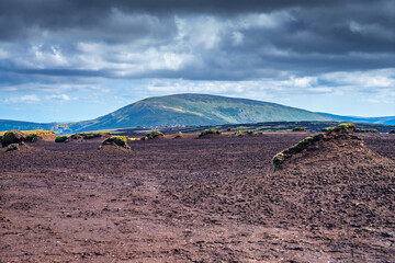 Eroded peatland landscape with exposed dark soil and isolated peat ‘islands’ under a bright...