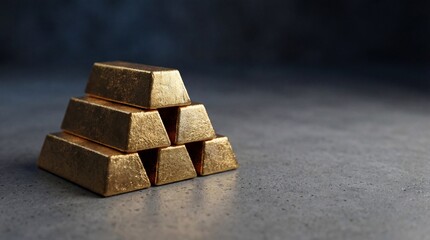 Stacked gold bars placed on a dark textured surface, symbolizing wealth, financial security, investment, and economic stability. Minimalistic luxury concept with copy space, ideal for finance, banking