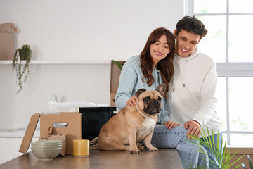 Young couple with French bulldog sitting in kitchen of rented apartment on moving day