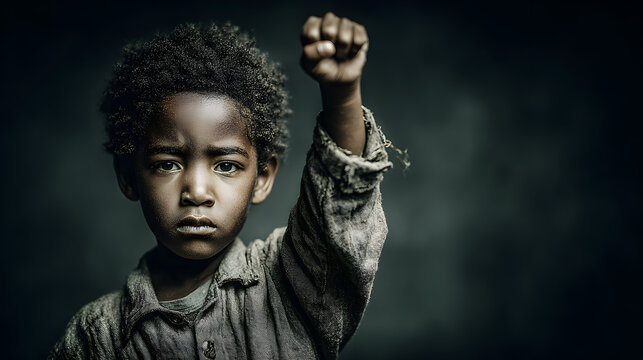 Black baby, kid with fist raised, black history month concept, african american boy, copyspace, blank space for text, inclusivity and diversity, protest - Powered by Adobe