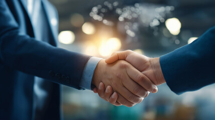 Faceless professional businessman making formal handshake gesture for successful business deal smart logistics concept investment teamwork partnership agreement defocused global