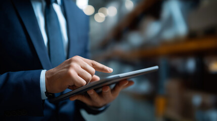 Faceless serious professional businessman carefully examining warehouse operations using digital tablet device logistics facility management distribution center inspection