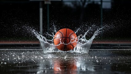 Basketball splashing in puddle of water on outdoor court at night