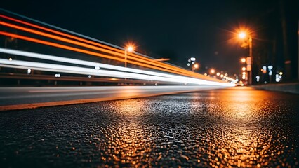 Blurred city street at night with light trails on wet pavement