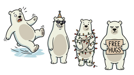 Set of Funny Polar Bear Characters in Different Situations and Poses