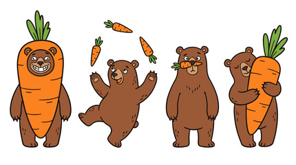 Funny Brown Bear Characters Juggling and Wearing Carrot Costumes