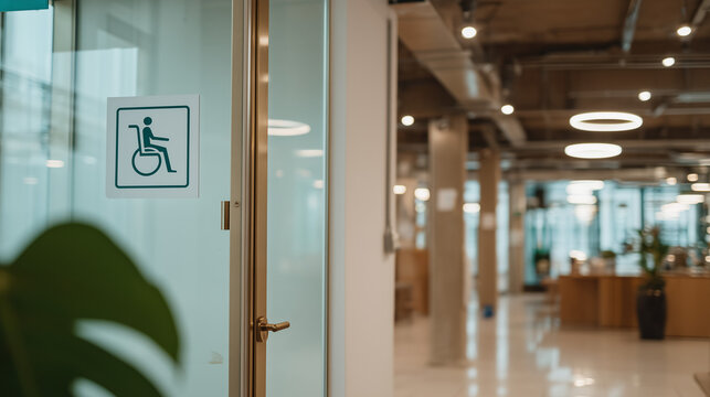Wheelchair accessibility sign on a glass door in a modern office. Symbol of access for disabled people. Inclusion and diversity in the corporate workplace