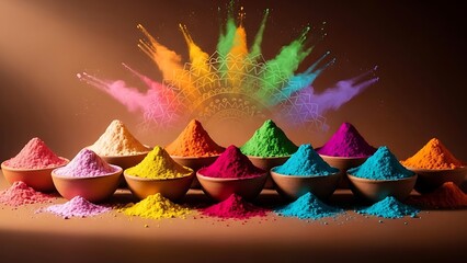 Vibrant colorful powder piles in bowls with splashes of color behind