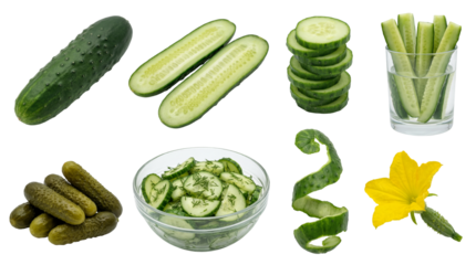 set of cucumber in different forms, including whole, sliced and pickled, isolated on a transparent background