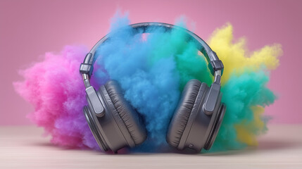 Modern headphones in a vibrant explosion of colorful powder. Dynamic audio and music concept for advertising