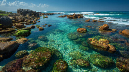 Rocky intertidal zone as biodiversity hotspot, tidal pools and textured rocks supporting marine species, coastal ecosystem, waves interacting with shoreline, detailed natural environment showing