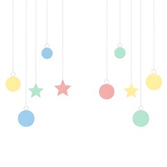 A clean and minimalist vector illustration featuring hanging pastel-colored ornaments, including stars and circular baubles