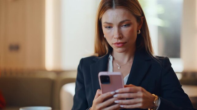 Smiling lady watching mobile phone in cafeteria closeup. Positive businesswoman