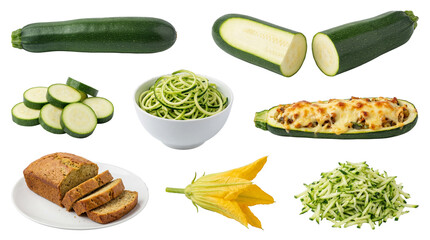 set of zucchini in different forms, including whole, spiralized and bread, isolated on a transparent background