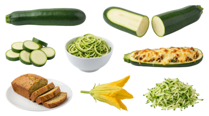 set of zucchini in different forms, including whole, spiralized and bread, isolated on a transparent background