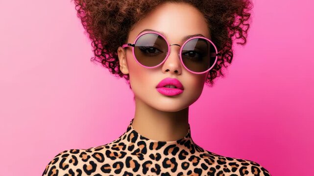 Style Icon in Pink: A fashionable individual with curly hair and round sunglasses strikes a pose, her attire complemented by the vibrant backdrop, portraying modern elegance.
