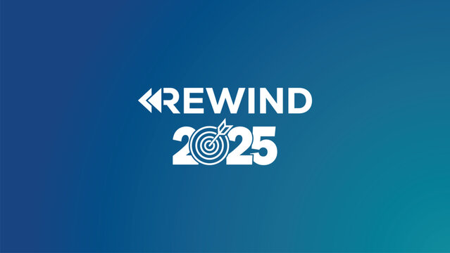 Dynamic white "REWIND 2025" typography with target icon in numbers on navy blue background. Ideal for year-in-review videos, recap graphics, social media highlights, annual summaries. Modern vector.