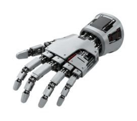 Robotic prosthetic hand with intricate mechanical details and advanced technology is presented in a detailed 3D rendering, symbolizing future innovation and human-machine interaction.