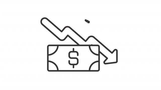 Depreciation line animation. Dollar bill with dropping down arrow animated icon. Accounting method of allocating cost of assets. Outline element on white background. HD video with alpha channel