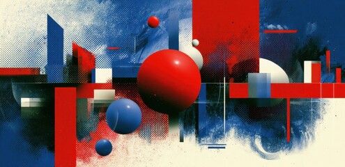 Red and blue spheres floating, geometric shapes, constructivist art style, urban grunge background texture