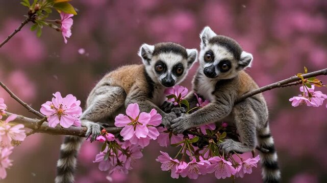 Lemurs Amidst Blossoms: A pair of endearing lemurs perch delicately on a branch adorned with vibrant pink blossoms, their striking eyes full of wonder, surrounded by nature's beauty.