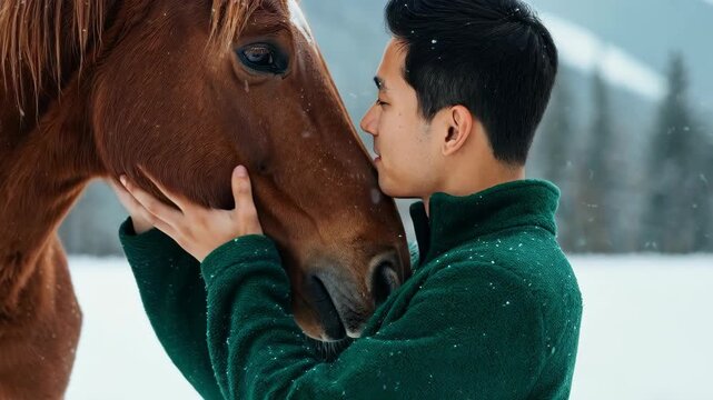 Man and Horse: Intimate embrace between a man and a horse in a snow-covered landscape. Expressing a deep bond, compassion and friendship.
