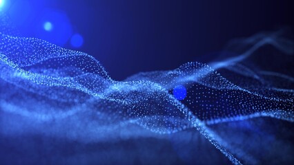 Futuristic abstract blue glowing wave lines from dots and particles of shining pixels magical energy glowing neon © Bolbik