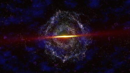 Abstract space galaxy with stars and planets spinning from particles and dots glowing bright futuristic on a black background