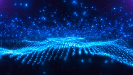 Abstract blue waves lines from particles and dots of energetic magic with glow effect and blur bokeh abstract background © Bolbik