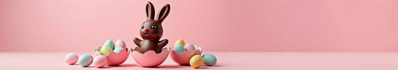 Fototapeta premium Happy chocolate Easter bunny in cracked eggshell with pastel colored eggs. Spring holiday celebration on pink background. Panoramic banner with copy space for text
