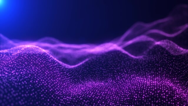 Abstract looping purple energy waves from particles of futuristic high-tech glowing background