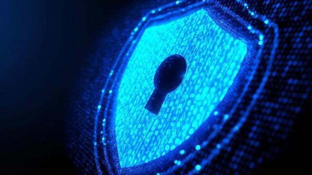 Digital Shield: Illustrating the digital realm's embrace of security with a luminous shield bearing a keyhole, signifying protection against cyber threats.