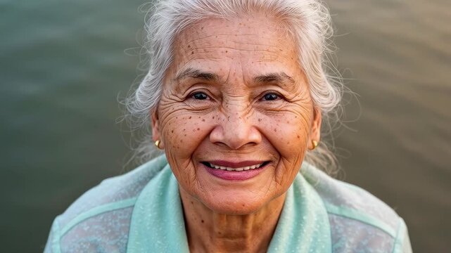 Portrait of Warmth: A close-up portrait of an elderly woman radiates warmth, wisdom, and joy, her serene smile capturing a lifetime of experiences. The image is an intimate exploration of aging.