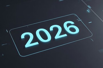Glowing futuristic digital display of the year 2026 in blue and white on dark background