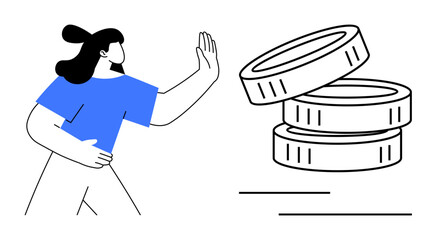 Debt management, financial caution, economic decisions, personal budgeting, cost control, saving habits. Woman gesturing stop near coins. Financial caution and debt management concept
