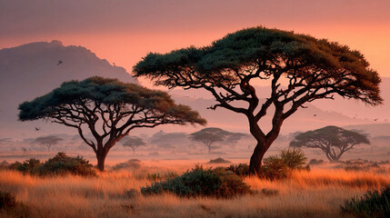 Savannah with acacia trees at sunset, golden light illuminating grassland, scattered tree silhouettes, African plains ecosystem, warm atmospheric scenery, panoramic natural landscape showing