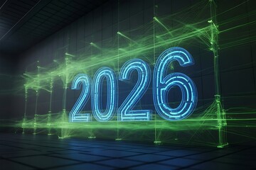 Futuristic wireframe digital display of glowing blue green year 2026 in a dark grid room with interconnected nodes