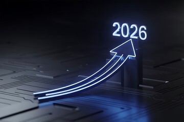 Glowing blue digital 2026 arrow on a circuit board background with futuristic lighting