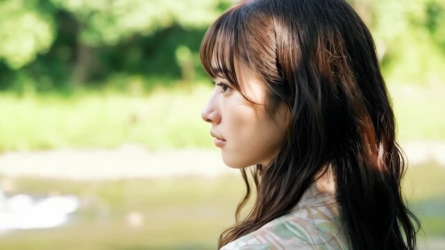 Quiet contemplation by the river: A portrait of a woman lost in thought, her gaze fixed on the distance as she stands near a serene river. Evoking introspection and inner peace.