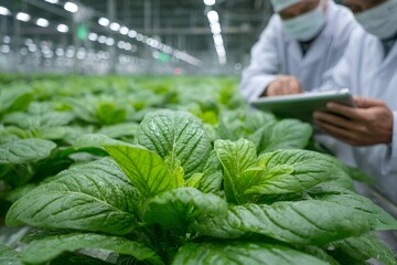 Agriculture experts inspecting leafy green vegetables growing in a controlled indoor farm, holding a digital tablet in modern greenhouse facility.