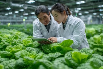 Two agriculture researchers in white coats use a tablet while inspecting leafy green vegetables growing inside of a modern indoor hydroponic farm.