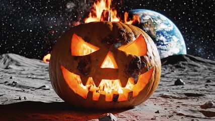 Lit jack o lantern on moon surface with earth and fiery sky halloween concept and fantasy imagery