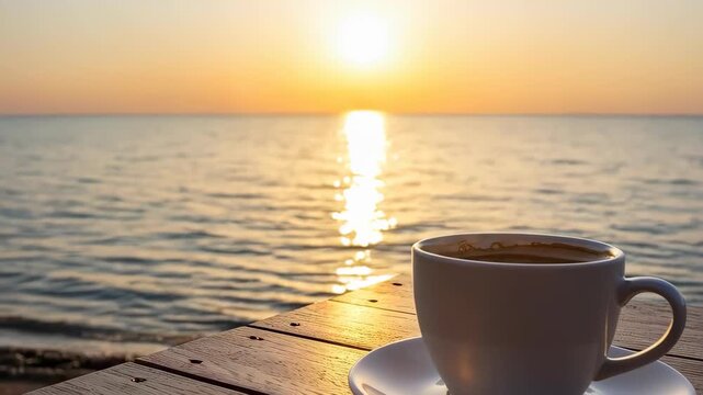 Coffee contemplation by the sea: A solitary coffee cup sits peacefully on a wooden surface, set against the backdrop of a serene ocean under a breathtaking sunrise.